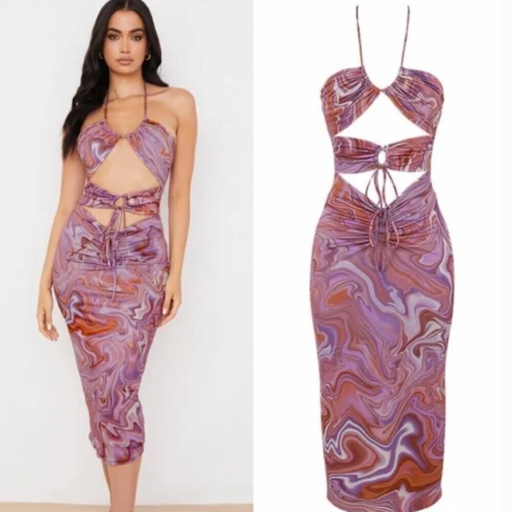 NWT House of CB Kasia Swirl Purple Pink Cut Out Sexy Midi Dress Size Small